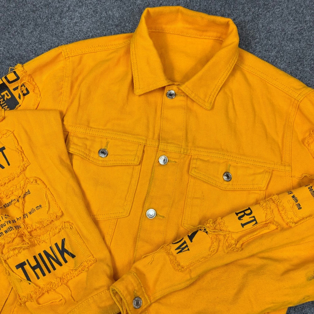 Yellow Distressed Denim Trucker Jacket Graphic Frayed Streetwear Mens Size Large